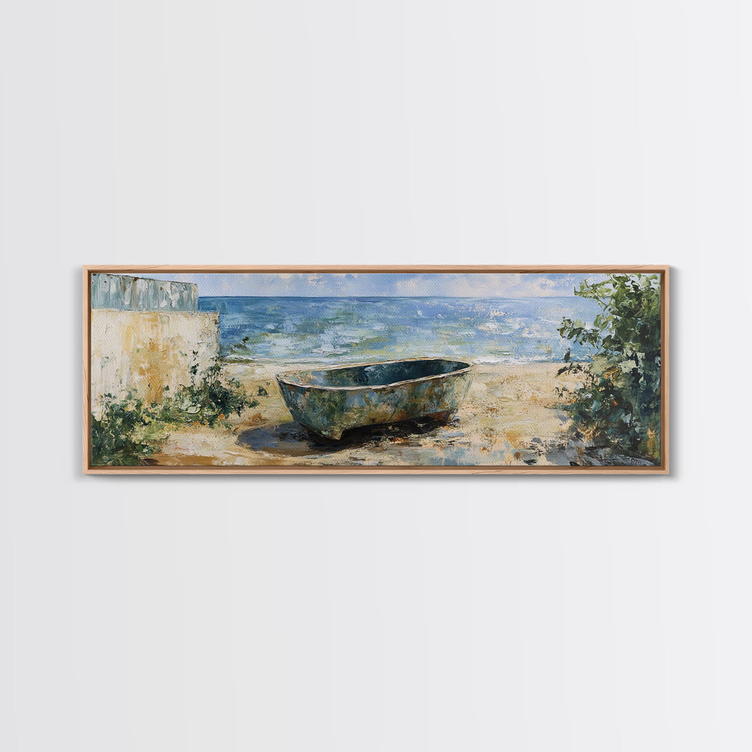 Beach Tub, rustic decor, coastal wall art, wabi sabi art, framed canvas print, farmhouse art, seascape painting, nautical decor