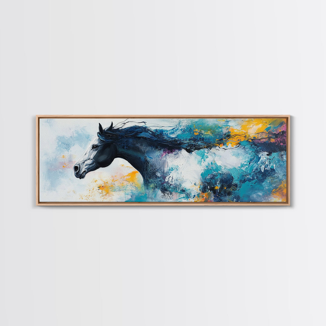 Horse Wall Art, Framed Canvas Print, Extra Wide Art, Blue and Green Wall Art, Moody Art, Rustic Decor, Panoramic Art, Farmhouse Art, Gift Idea for Him