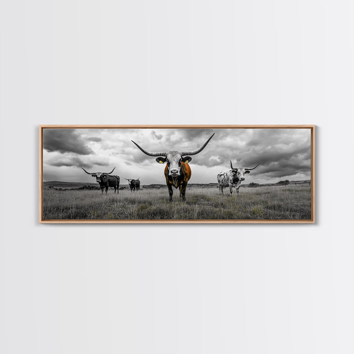 Texas Longhorns, Bull and Bear Art, Rustic Wall Art, Moody Art, Extra Wide Art, Framed Canvas Print, Horizontal Wall Art, Gift Idea