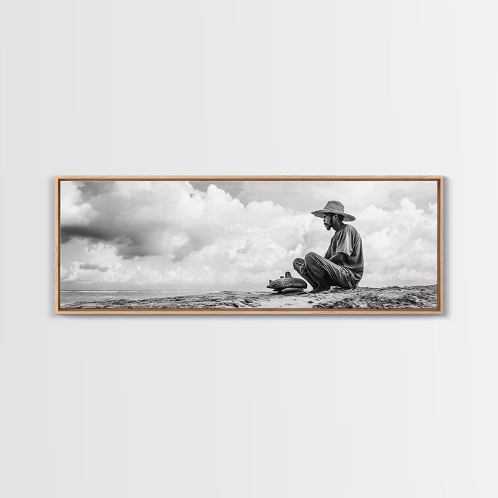 Man On Beach, Wabi Sabi Art, Framed Canvas Print, Coastal Landscape Art, Moody Art, Rustic Decor, Above Sofa Art, Minimalist Wall Art