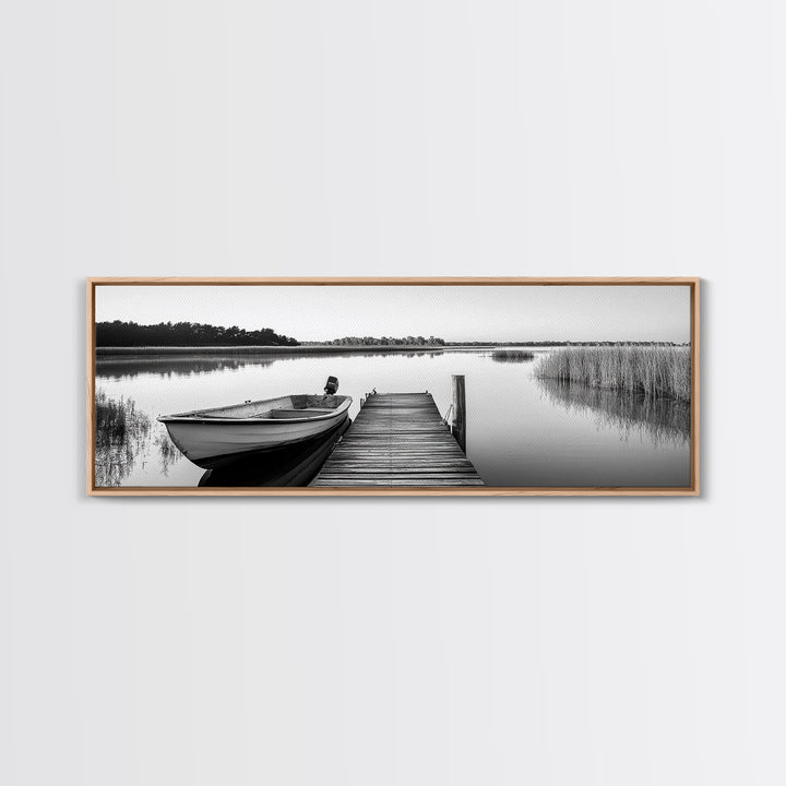 Boat On Dock, Nautical Wall Art, Framed Canvas Print, Coastal Landscape Art, Rustic Decor, Extra Wide Art, Minimalist Art, Bedroom Art