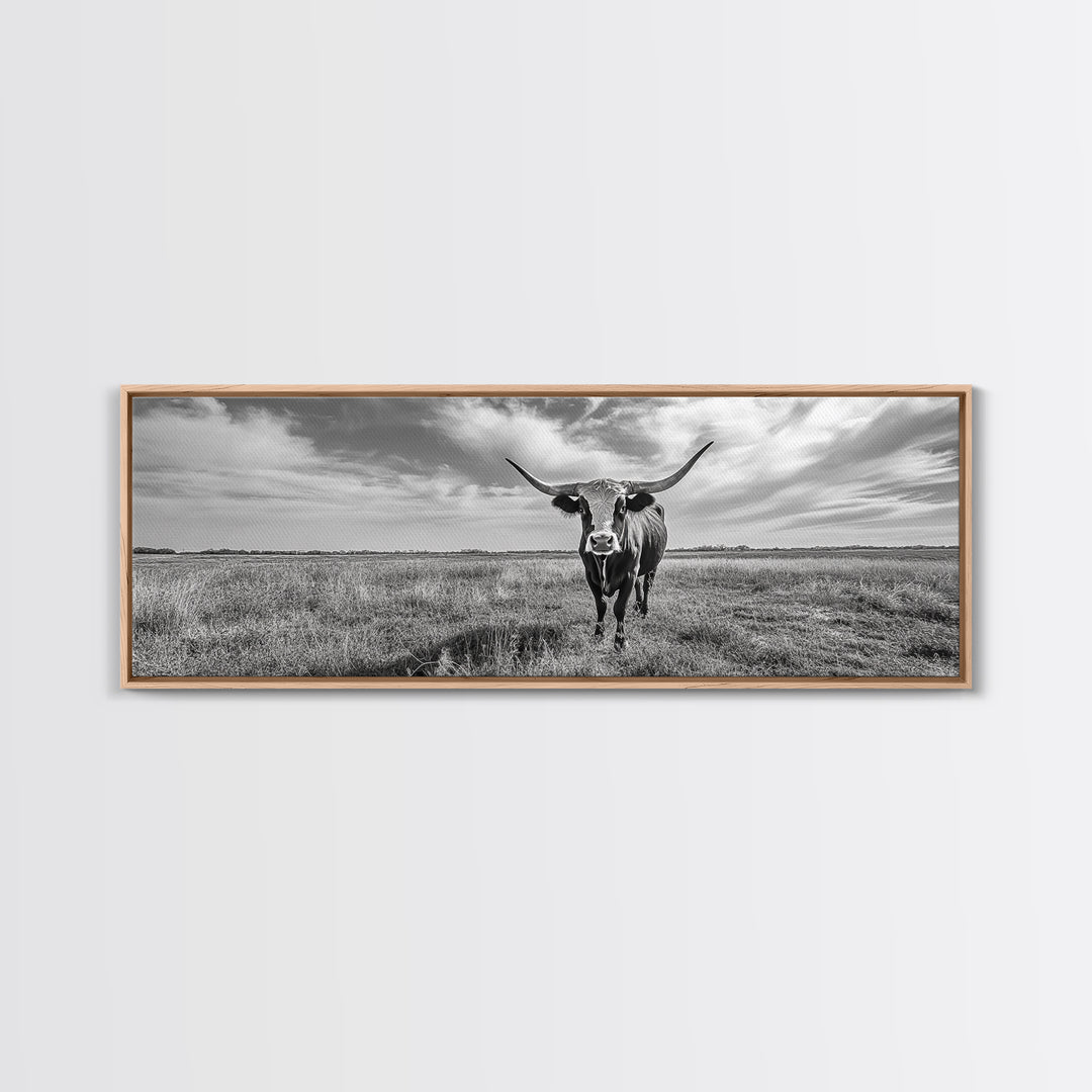 Texas Longhorn, Rustic Wall Art, Canvas Print, Farmhouse Art, Western Decor, Above Bed Art, Extra Wide Art, Moody Black And White Art