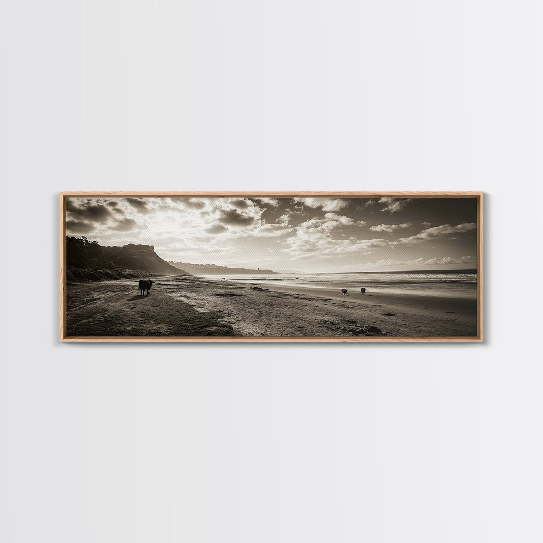 Cattle On Beach, Wabi Sabi Art, Framed Canvas Print, Coastal Landscape Art, Rustic Decor, Extra Wide Art, Moody Art, Minimalist Art