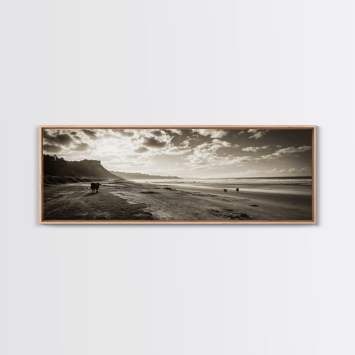 Cattle On Beach, Wabi Sabi Art, Framed Canvas Print, Coastal Landscape Art, Rustic Decor, Extra Wide Art, Moody Art, Minimalist Art