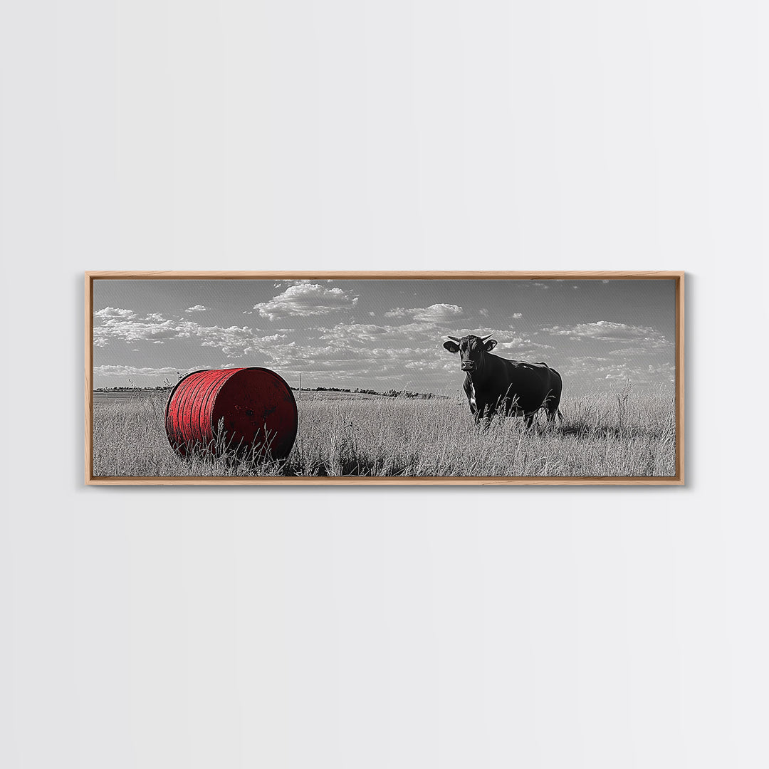 Black Cow, Farmhouse Art, Rustic Decor, Western Wall Art, Long Narrow Wall Art, Moody Art, Extra Wide Art, Framed Canvas Print