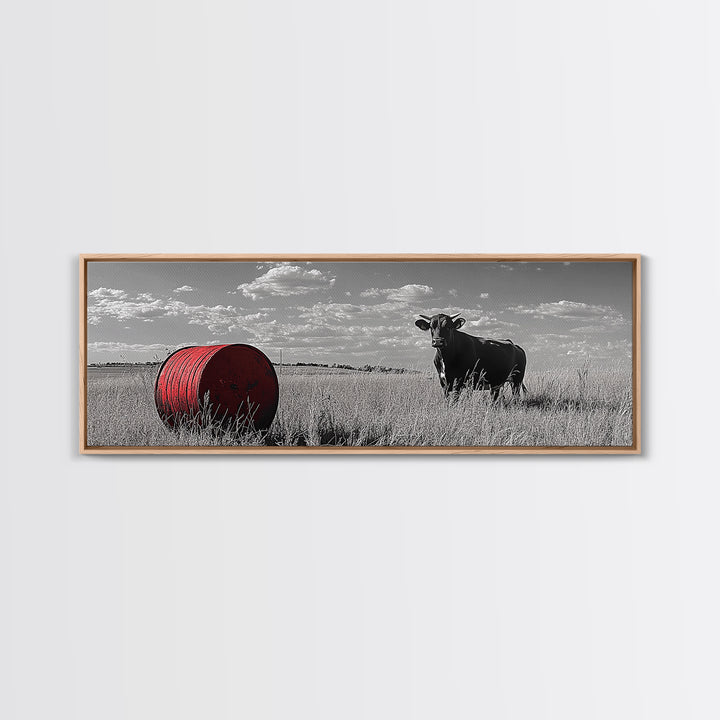 Black Cow, Farmhouse Art, Rustic Decor, Western Wall Art, Long Narrow Wall Art, Moody Art, Extra Wide Art, Framed Canvas Print