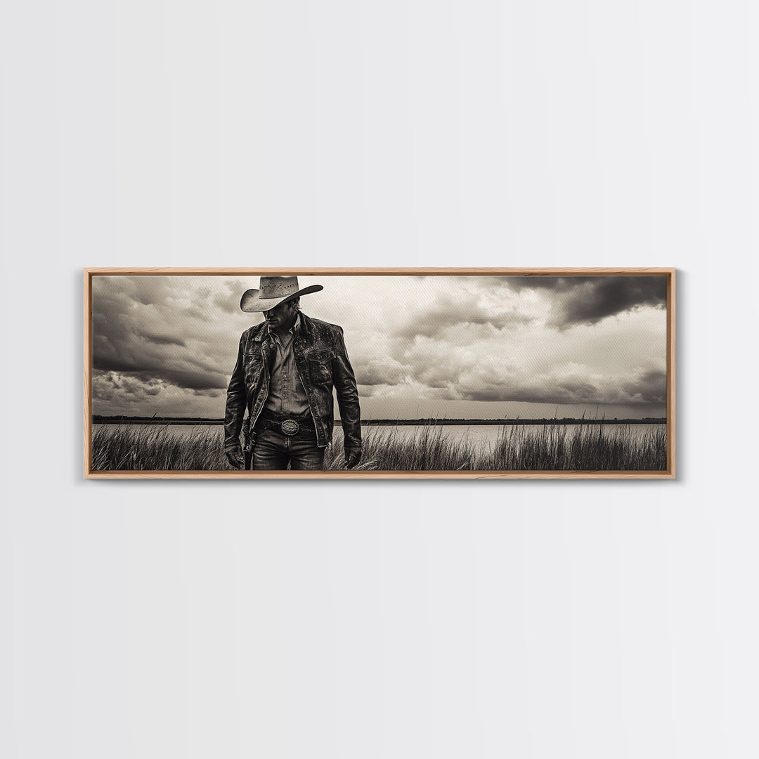 Cowboy Portrait, rustic wall art, moody art, black cowgirl painting, wabi sabi art, western decor, framed canvas print, extra wide art