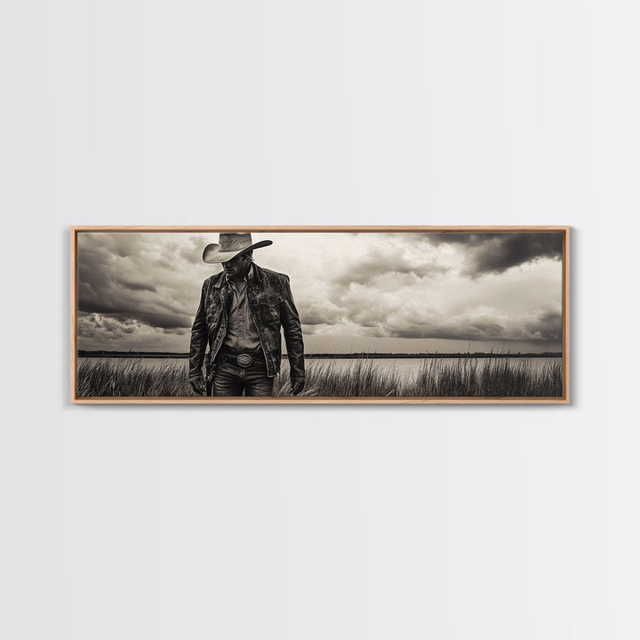Cowboy Portrait, rustic wall art, moody art, black cowgirl painting, wabi sabi art, western decor, framed canvas print, extra wide art