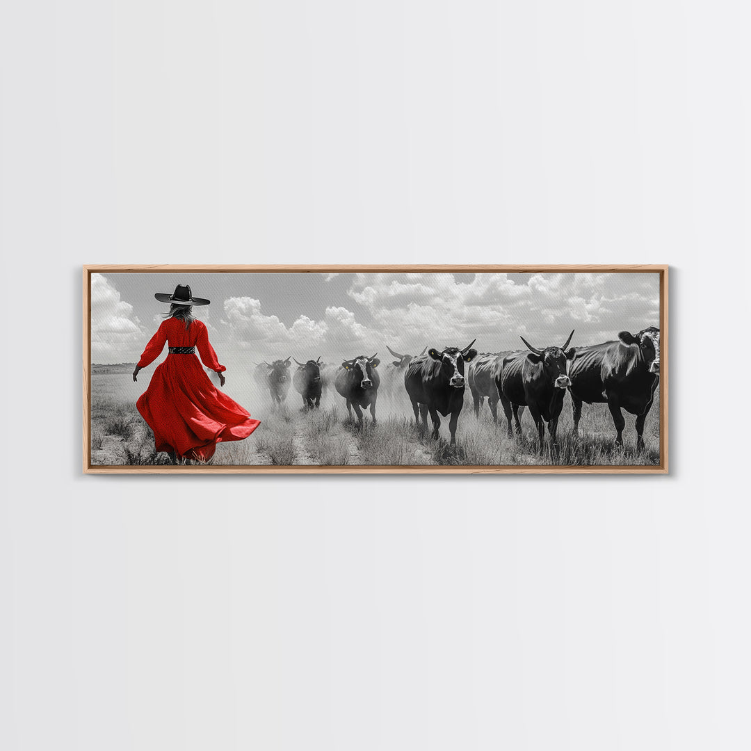 Cowgirl Herding Cattle, Western Art, Ranch Life Art, Black Cowgirl Painting, Rustic Wall Art, Panoramic Art, Canvas Print
