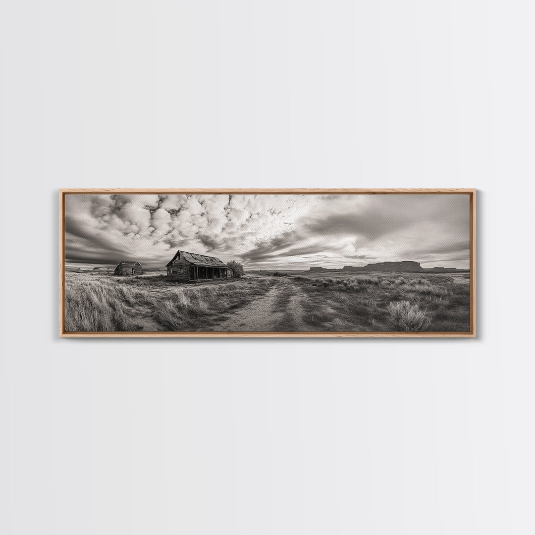 Abandoned cabin, western landscape, rustic wall art, panoramic art, extra wide art, southwest wall art, framed canvas print, farmhouse decor