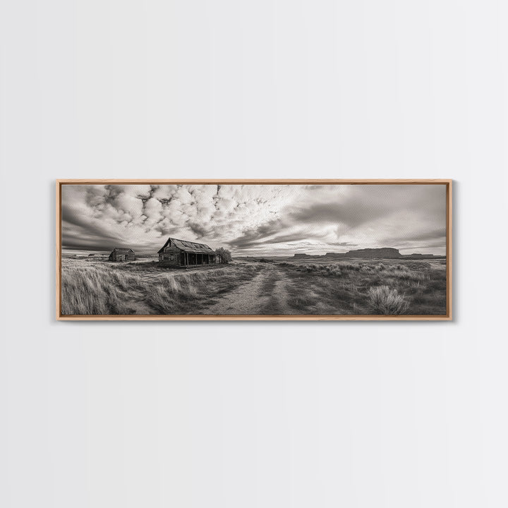 Abandoned cabin, western landscape, rustic wall art, panoramic art, extra wide art, southwest wall art, framed canvas print, farmhouse decor