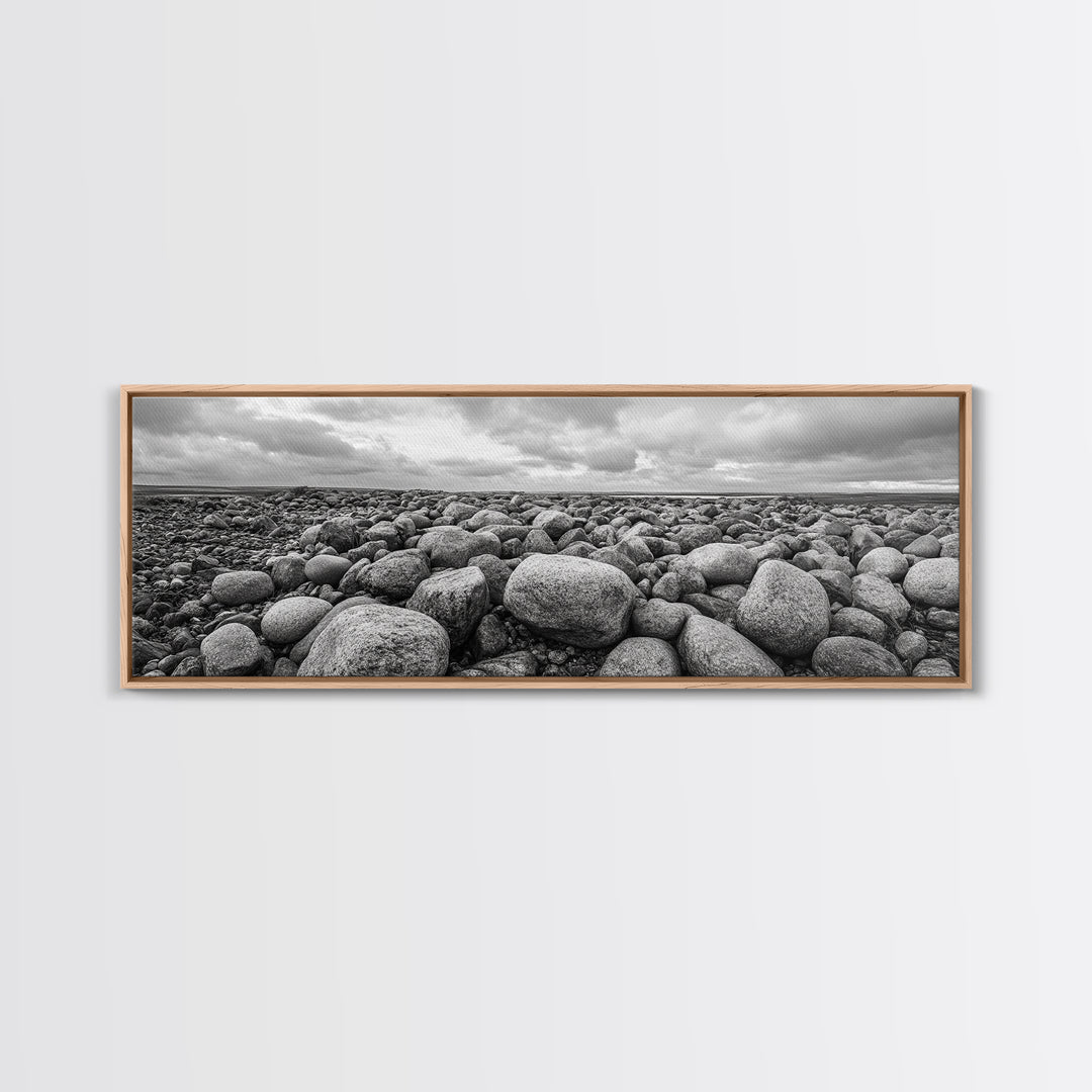 Rocky terrain, minimalist art, wabi sabi art, panoramic art, extra wide art, landscape painting, framed canvas print, moody art, rustic decor