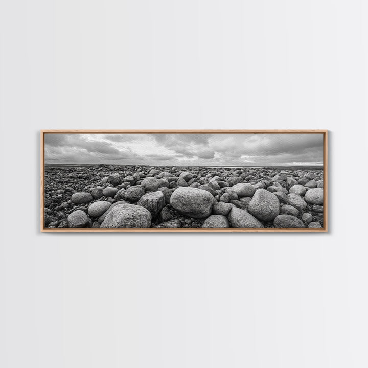 Rocky terrain, minimalist art, wabi sabi art, panoramic art, extra wide art, landscape painting, framed canvas print, moody art, rustic decor