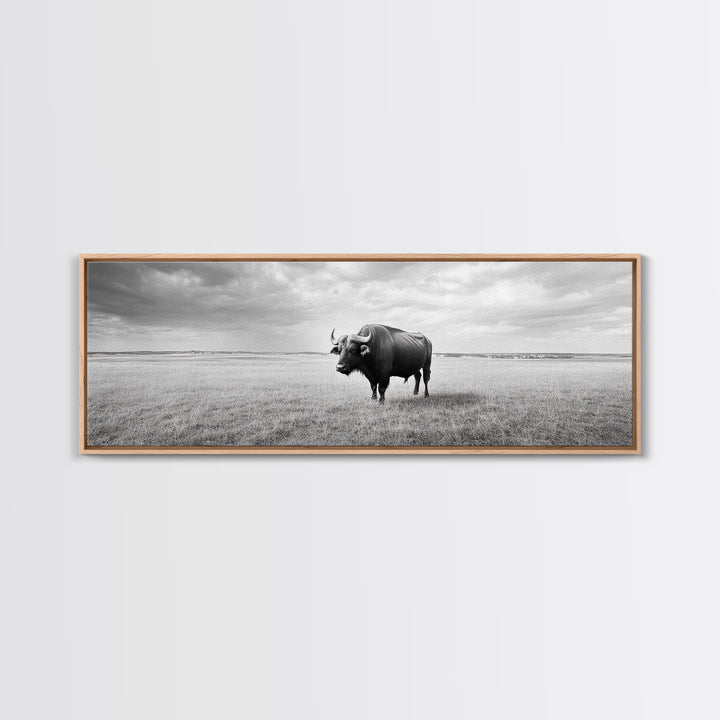 Lone buffalo, western landscape, rustic wall art, panoramic art, extra wide art, farmhouse decor, framed canvas print, wildlife painting, bull and bear art