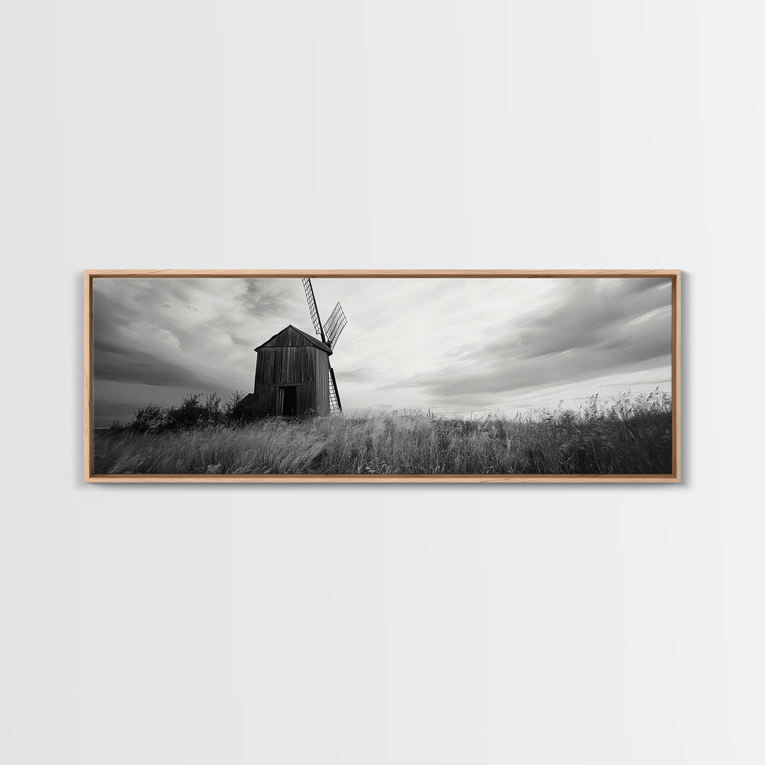 Rustic Windmill, panoramic art, farmhouse art, extra wide wall art, windmill wall art, landscape painting, framed canvas print