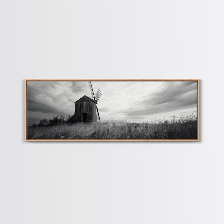 Rustic Windmill, panoramic art, farmhouse art, extra wide wall art, windmill wall art, landscape painting, framed canvas print