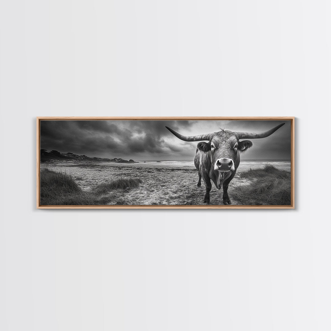 Bull on Beach, bull and bear art, moody art, coastal cowgirl wall art, dark romance painting, farmhouse art, framed canvas print
