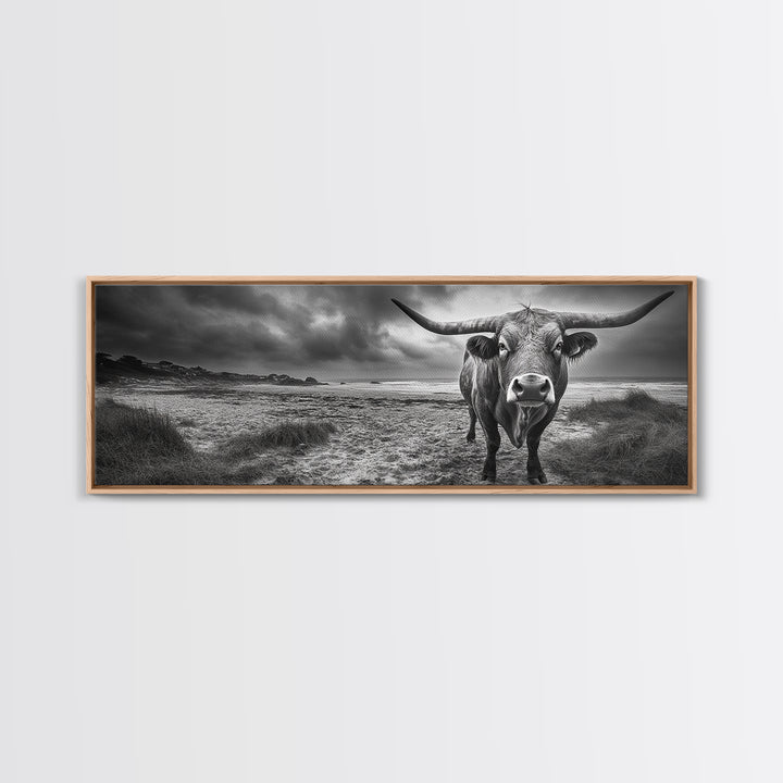 Bull on Beach, bull and bear art, moody art, coastal cowgirl wall art, dark romance painting, farmhouse art, framed canvas print