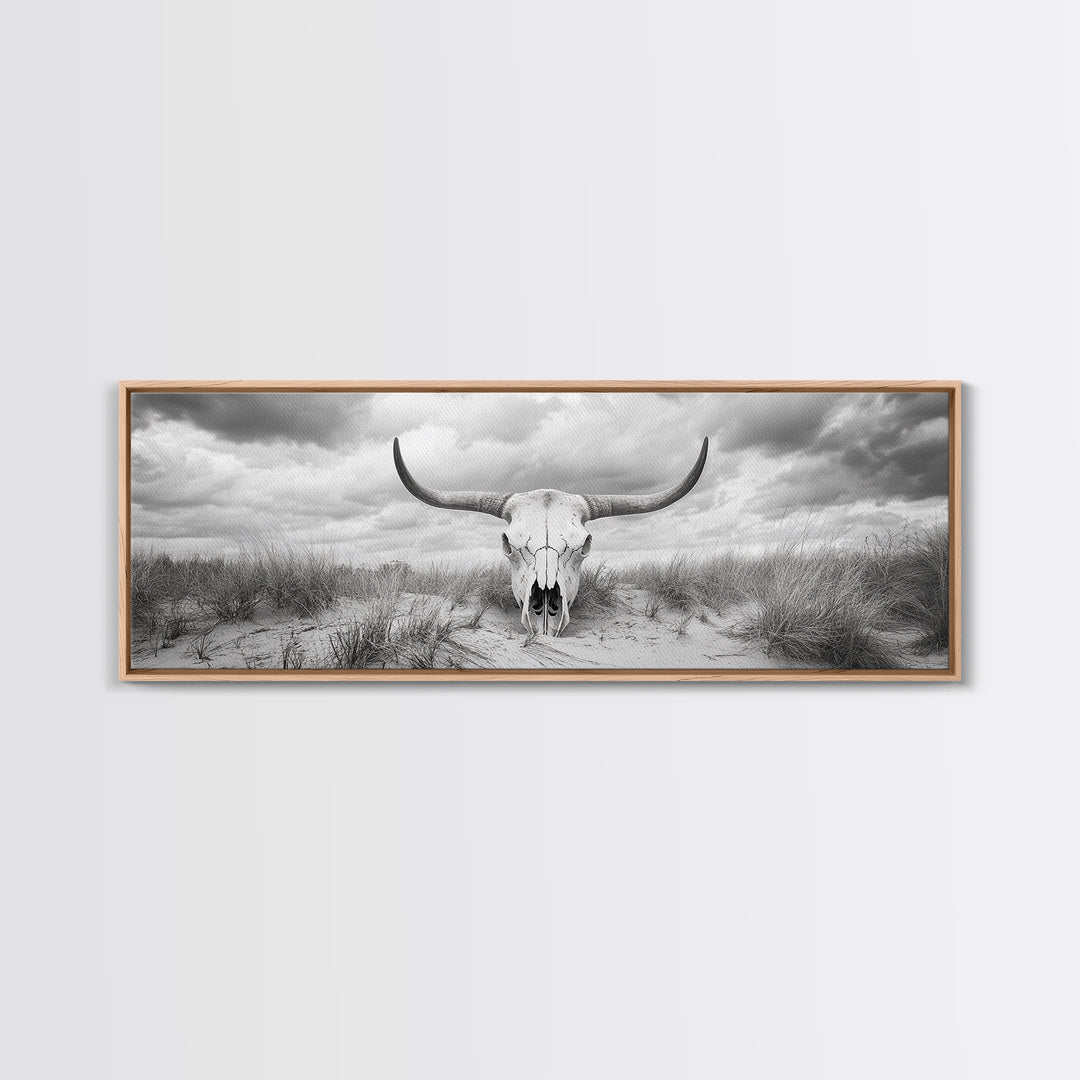 Longhorn Skull, skull art, western wall art, rustic decor, moody art, desert painting, farmhouse art, panoramic art, framed canvas print