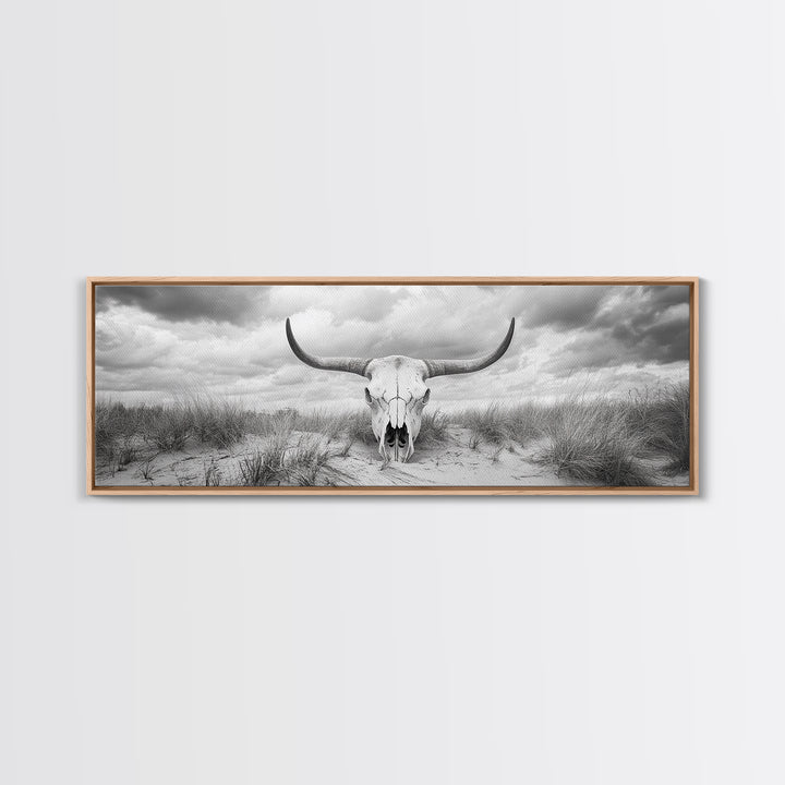 Longhorn Skull, skull art, western wall art, rustic decor, moody art, desert painting, farmhouse art, panoramic art, framed canvas print