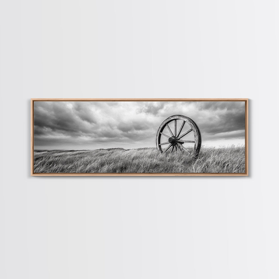 Wagon Wheel, rustic decor, farmhouse art, extra wide art, panoramic painting, country decor, cowboy art, framed canvas print, moody art