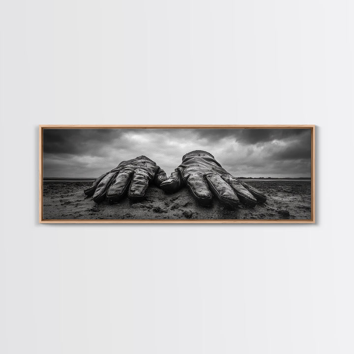 Leather Work Gloves, rustic wall art, moody art, wabi sabi art, extra wide art, panoramic art, farmhouse art, framed canvas print, cowboy art