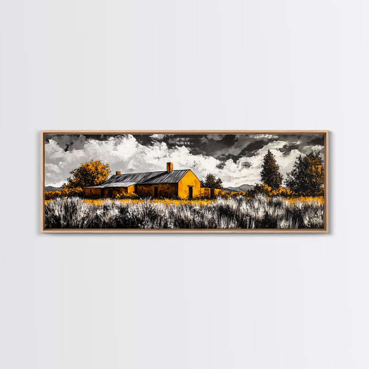 Adobe House, southwest wall art, rustic decor, farmhouse art, warm tones, panoramic art, moody art, extra wide art, framed canvas print