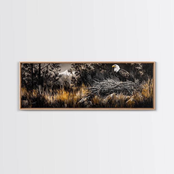 Bald Eagle, wildlife art, eagle painting, southwest wall art, rustic decor, panoramic painting, moody art, framed canvas print, above sofa art