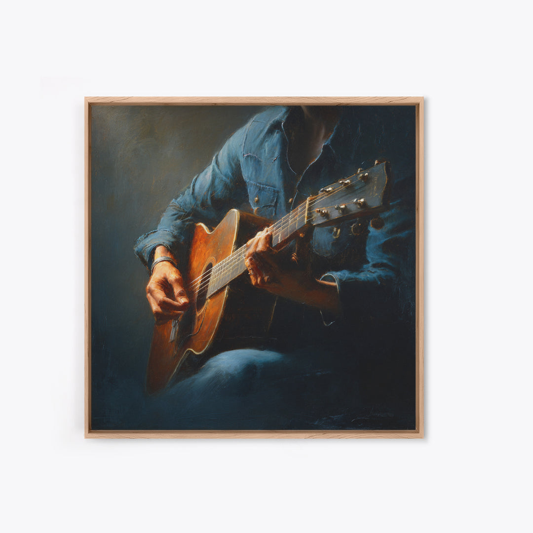 Musician Hands on Guitar Strings Canvas Print, Recording Studio Art, Music Wall Art, Studio Decor, Oil Painting, Analog, RSA-1x1-15