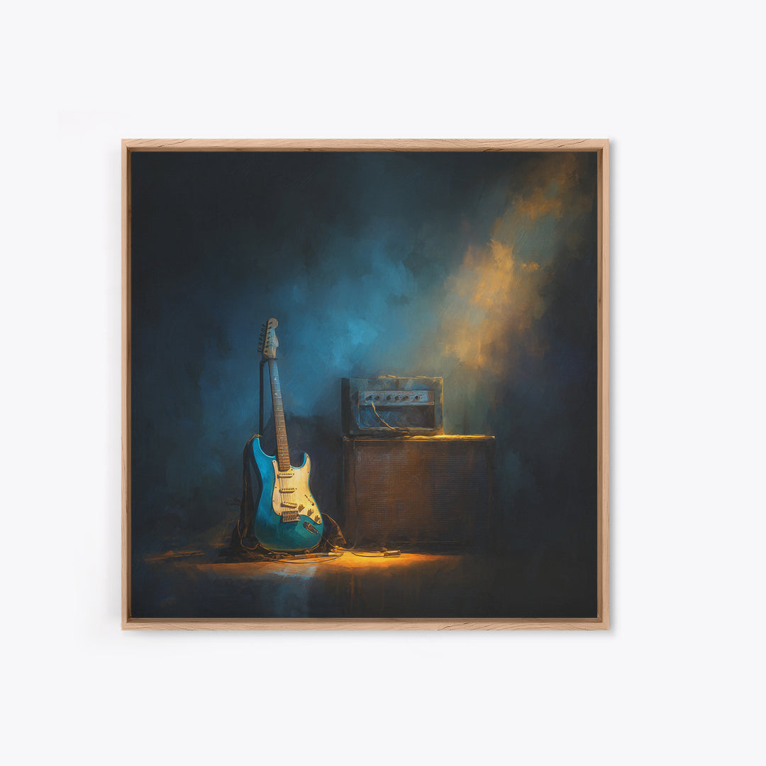 Electric Guitar Beside a Studio Amp Framed Canvas Print, Recording Studio Art, Wall Sculpture, Studio Decor, Oil Painting, RSA-1x1-28