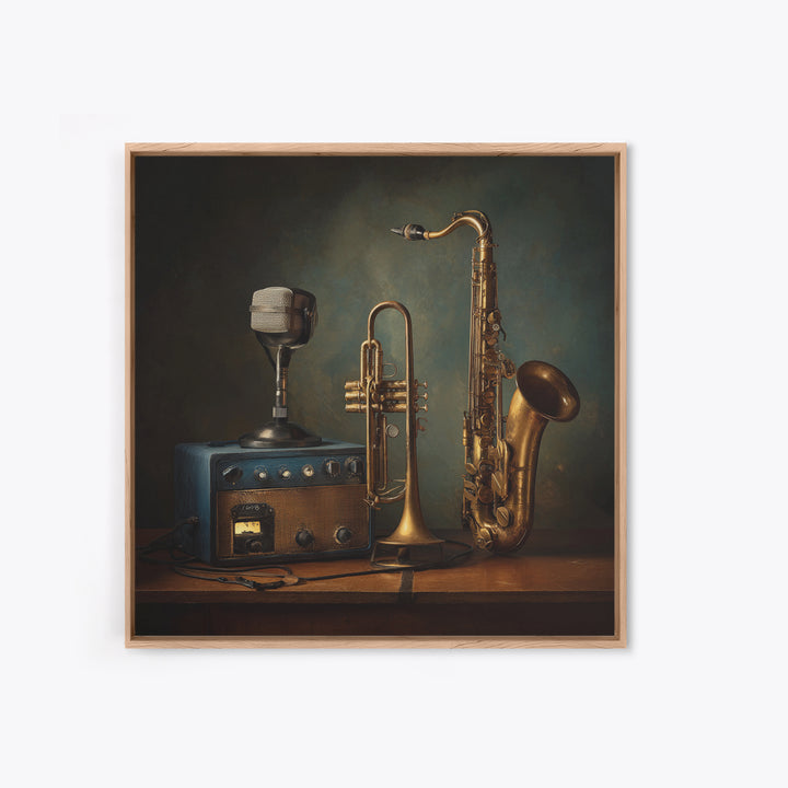 Jazz Trumpet and Microphone Still Life Canvas Print, Recording Studio Art, Unique Home Decor, Studio Decor, Fine Art, Analog, RSA-1x1-31