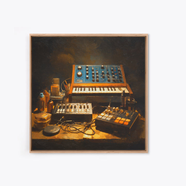 Analog Synthesizer Knobs and Cables Framed Canvas Print, Recording Studio Art, Downloadable Print, Studio Decor, Oil Painting, RSA-1x1-37