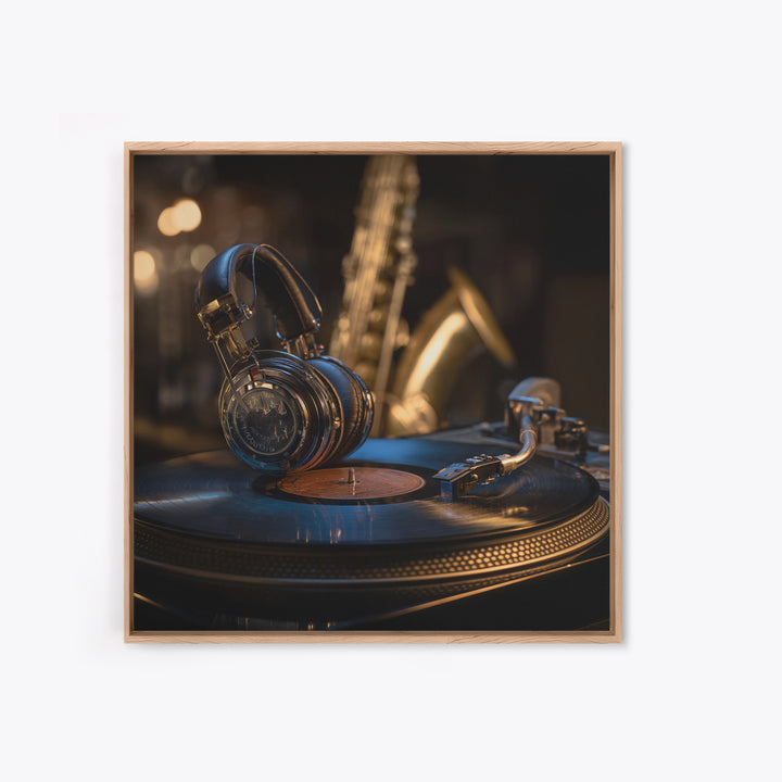 Headphones Resting on a Vinyl Record Framed Canvas Print, Recording Studio Art, Music Room Decor, Studio Decor, Analog, RSA-1x1-53