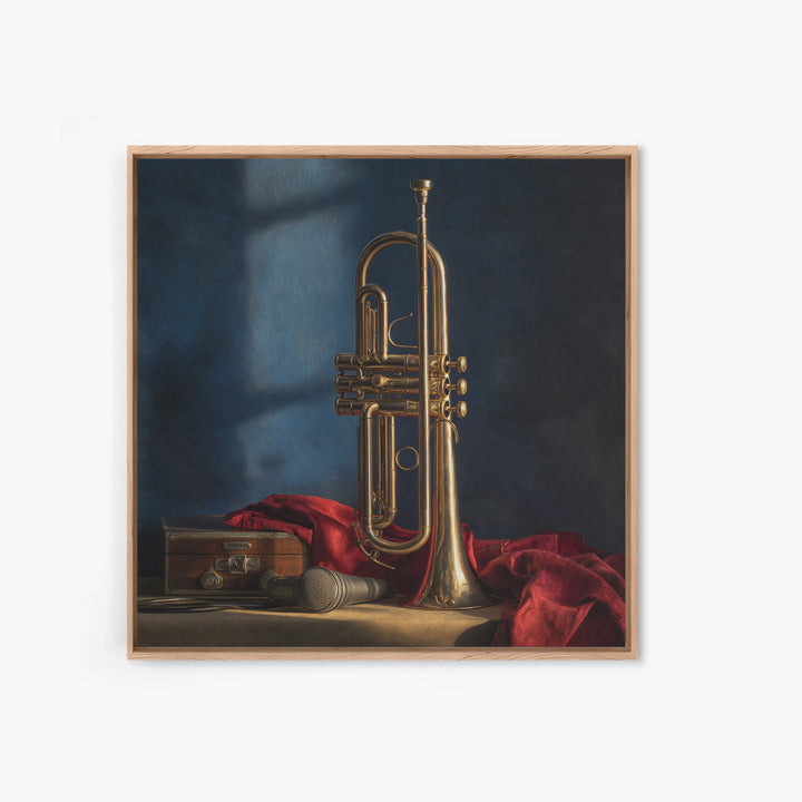 Jazz Trumpet and Microphone Still Life Framed Canvas Print, Recording Studio Art, Retro Wall Art, Studio Decor, Analog, RSA-1x1-7