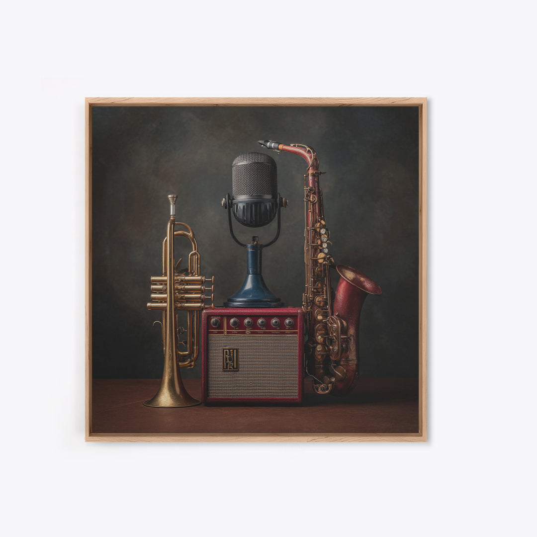 Jazz Trumpet and Microphone Still Life Framed Canvas Print, Recording Studio Art, Gallery Decor, Studio Decor, Oil Painting, RSA-1x1-79