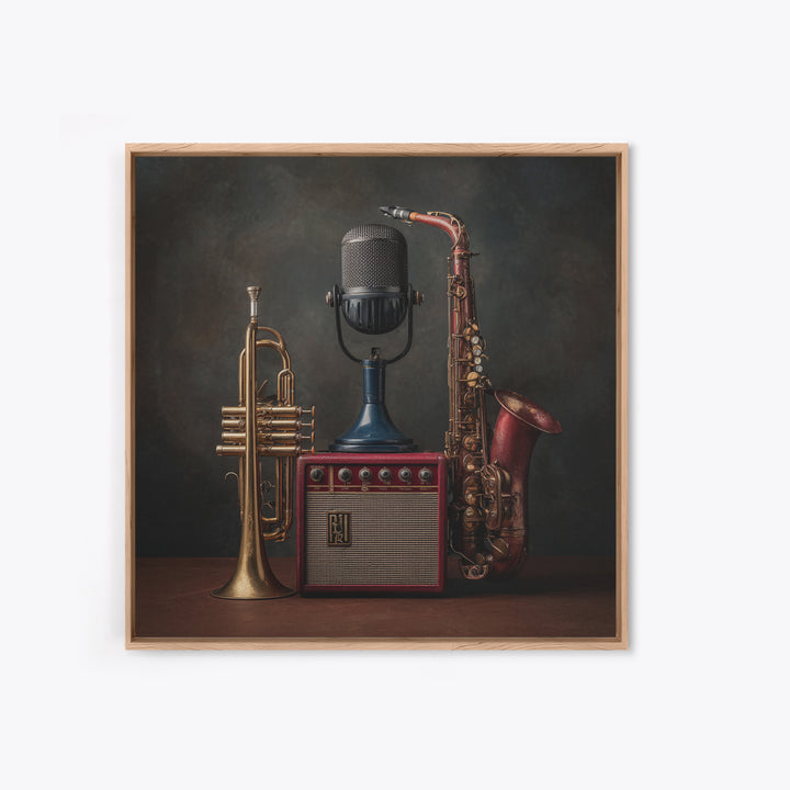 Jazz Trumpet and Microphone Still Life Framed Canvas Print, Recording Studio Art, Gallery Decor, Studio Decor, Oil Painting, RSA-1x1-79