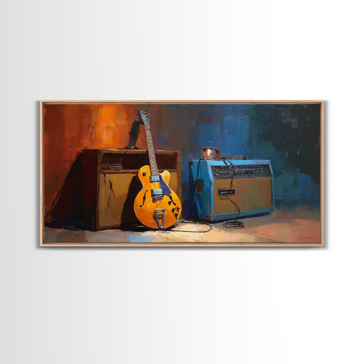 Electric Guitar Beside a Studio Amp Framed Canvas Print, Recording Studio Art, Textured Painting, Studio Decor, Analog, RSA-2x1-24