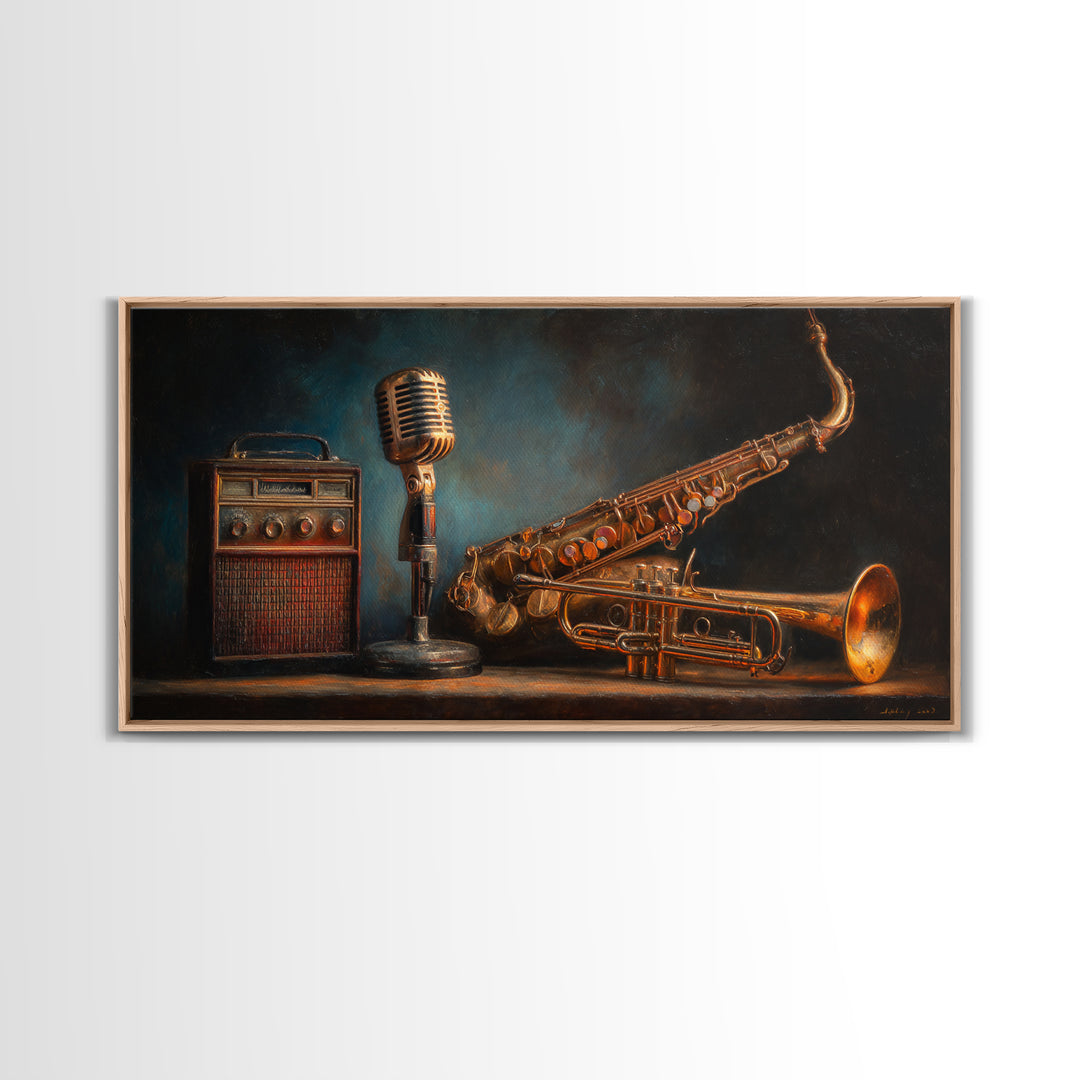 Jazz Trumpet and Microphone Still Life Framed Canvas Print, Recording Studio Art, Neutral Decor, Studio Decor, Fine Art, Analog, RSA-2x1-75