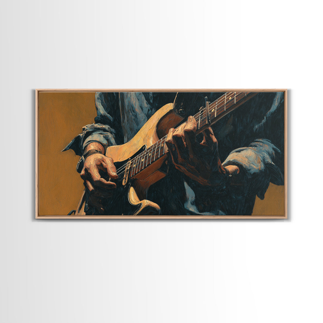 Musician Hands on Guitar Strings Framed Canvas Print, Recording Studio Art, Room Decor, Studio Decor, Fine Art, Analog, RSA-2x1-83