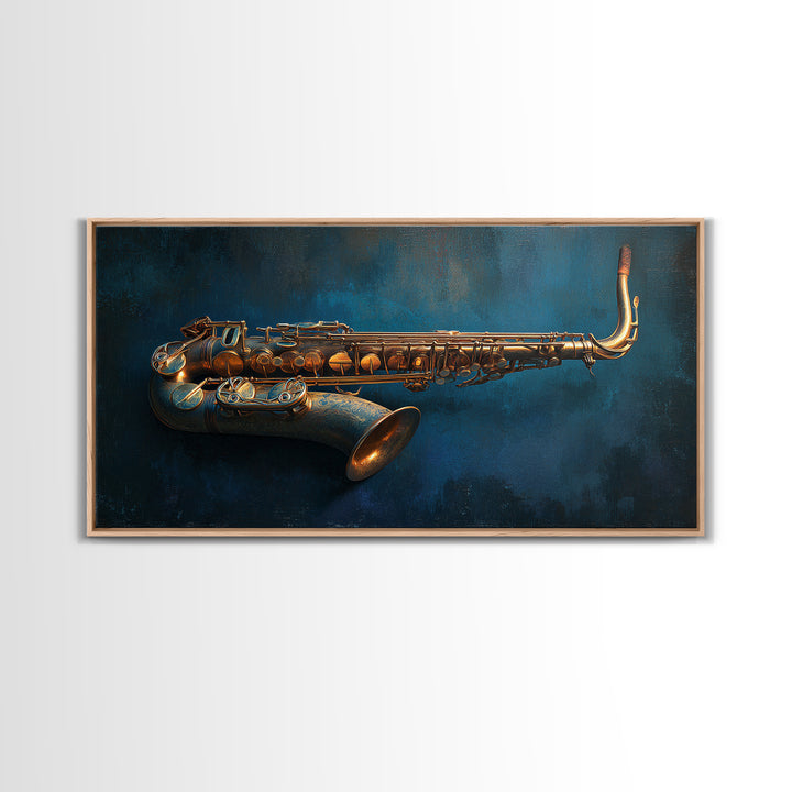 Brass Saxophone on Dark Velvet Framed Canvas Print, Recording Studio Art, Kids Room Art, Studio Decor, Fine Art, Analog, RSA-2x1-84