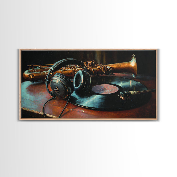 Headphones Resting on a Vinyl Record Framed Canvas Print, Recording Studio Art, Modern Wall Art, Studio Decor, Fine Art, Analog, RSA-2x1-97