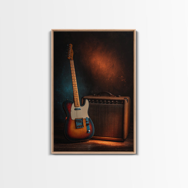 Electric Guitar Beside a Studio Amp Framed Canvas Print, Recording Studio Art, Fine Art Print, Studio Decor, Oil Painting, RSA-2x3-12