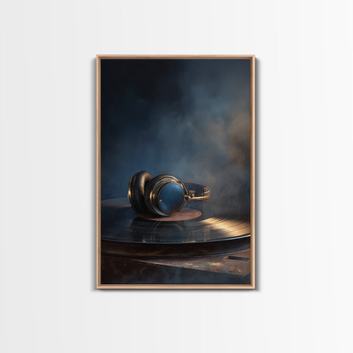 Headphones Resting on a Vinyl Record Framed Canvas Print, Recording Studio Art, Room Decor, Studio Decor, Fine Art, Analog, RSA-2x3-13