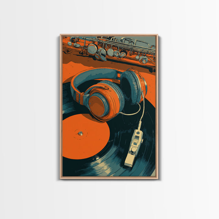 Headphones Resting on a Vinyl Record Framed Canvas Print, Recording Studio Art, Room Decor, Studio Decor, Fine Art, Analog, RSA-2x3-37