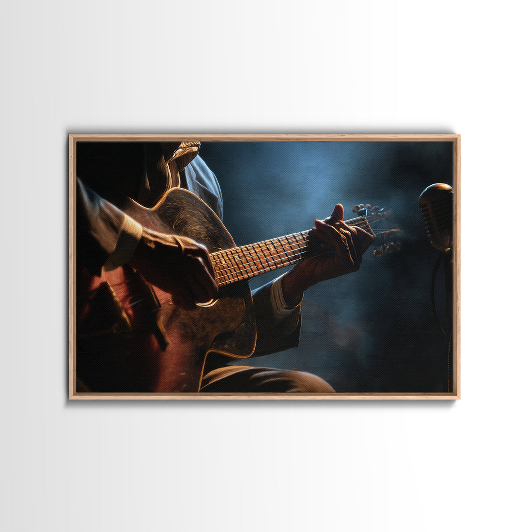 Musician Hands on Guitar Strings Framed Canvas Print, Recording Studio Art, Digital Download Art, Studio Decor, Analog, RSA-3x2-19