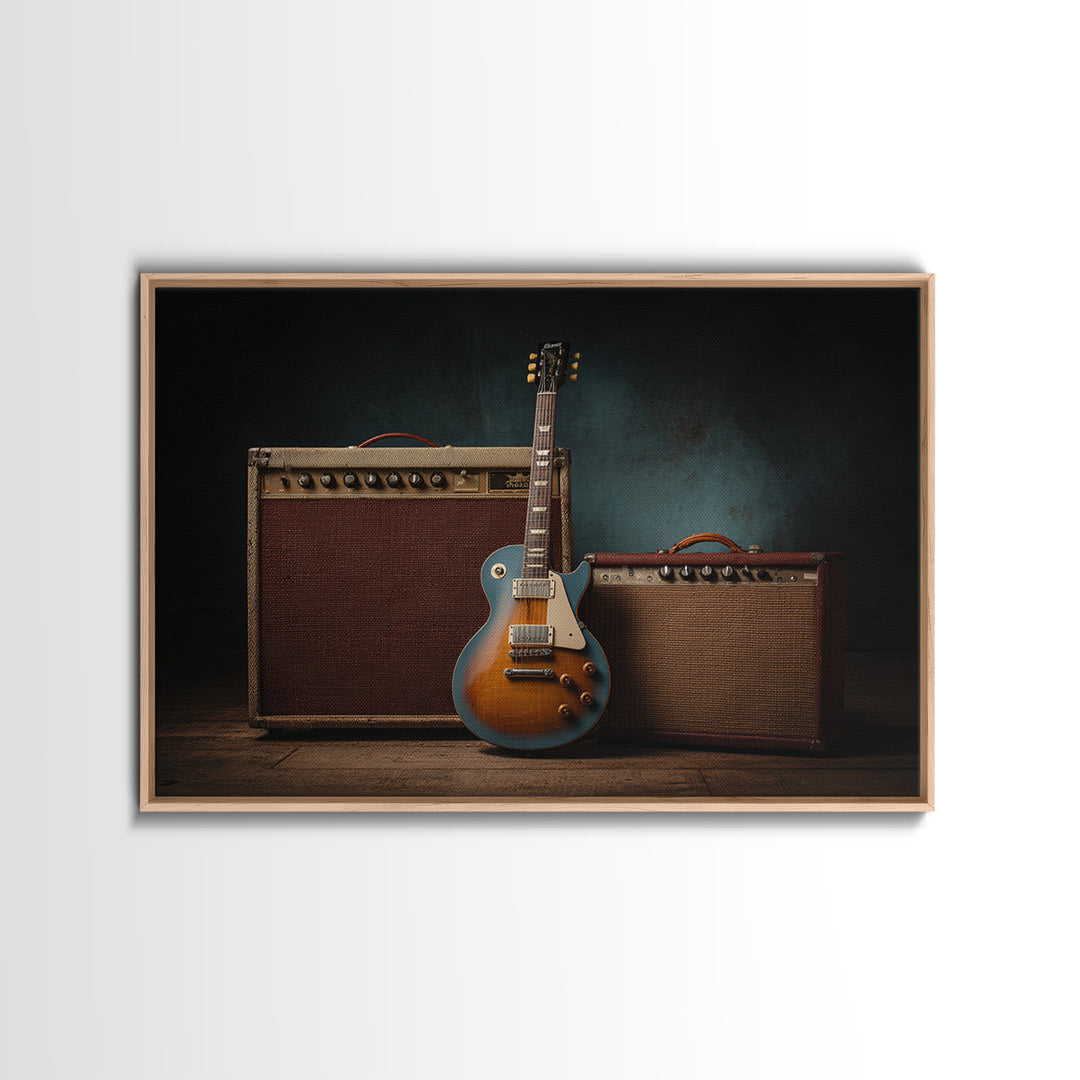 Electric Guitar Beside a Studio Amp Canvas Print, Recording Studio Art, Dtf Print, Studio Decor, Analog, Gallery Decor, RSA-3x2-56
