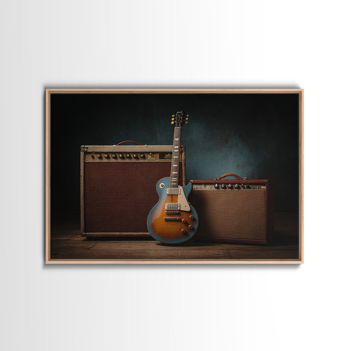 Electric Guitar Beside a Studio Amp Canvas Print, Recording Studio Art, Dtf Print, Studio Decor, Analog, Gallery Decor, RSA-3x2-56
