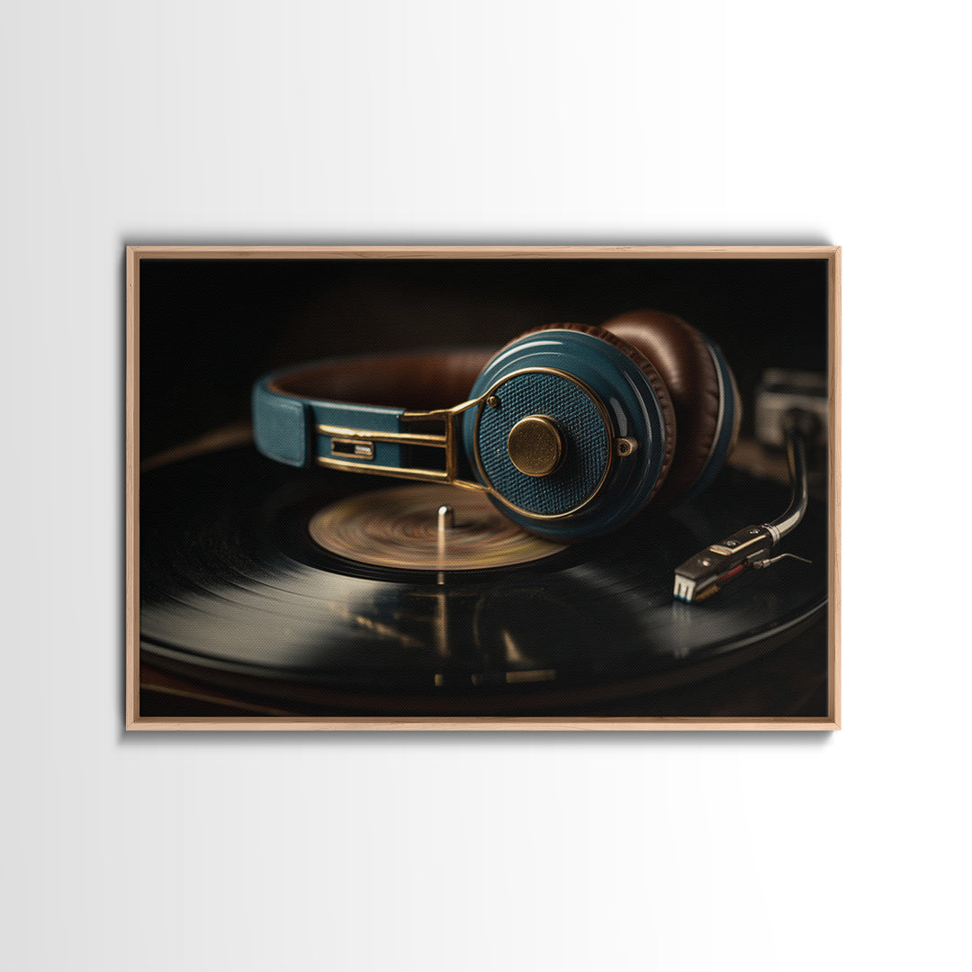 Headphones Resting on a Vinyl Record Canvas Print, Recording Studio Art, Music Posters, Studio Decor, Fine Art, Analog, RSA-3x2-57
