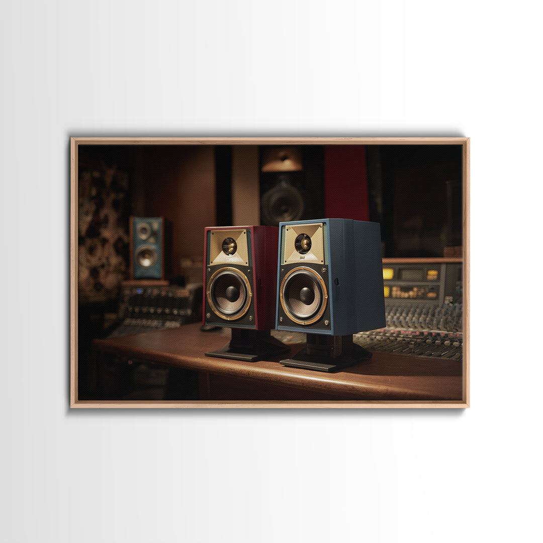 Studio Monitor Speakers as Bold Geometric Forms Framed Canvas Print, Recording Studio Art, Music Studio, Studio Decor, Analog, RSA-3x2-64