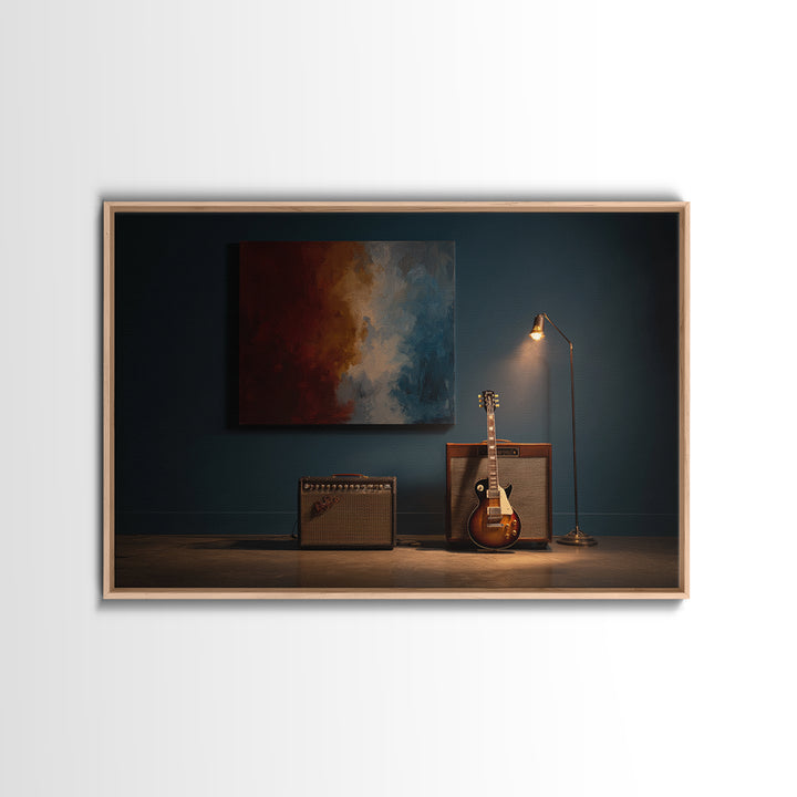 Electric Guitar Beside a Studio Amp Framed Canvas Print, Recording Studio Art, Studio Decor, Oil Painting, Analog, RSA-3x2-8